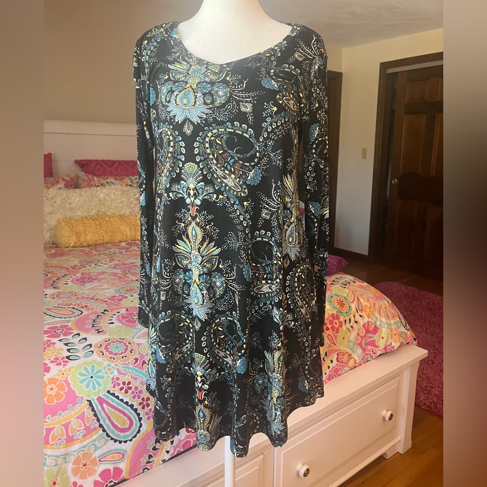 Popana Black and Blue Paisley Long Sleeve Dress
